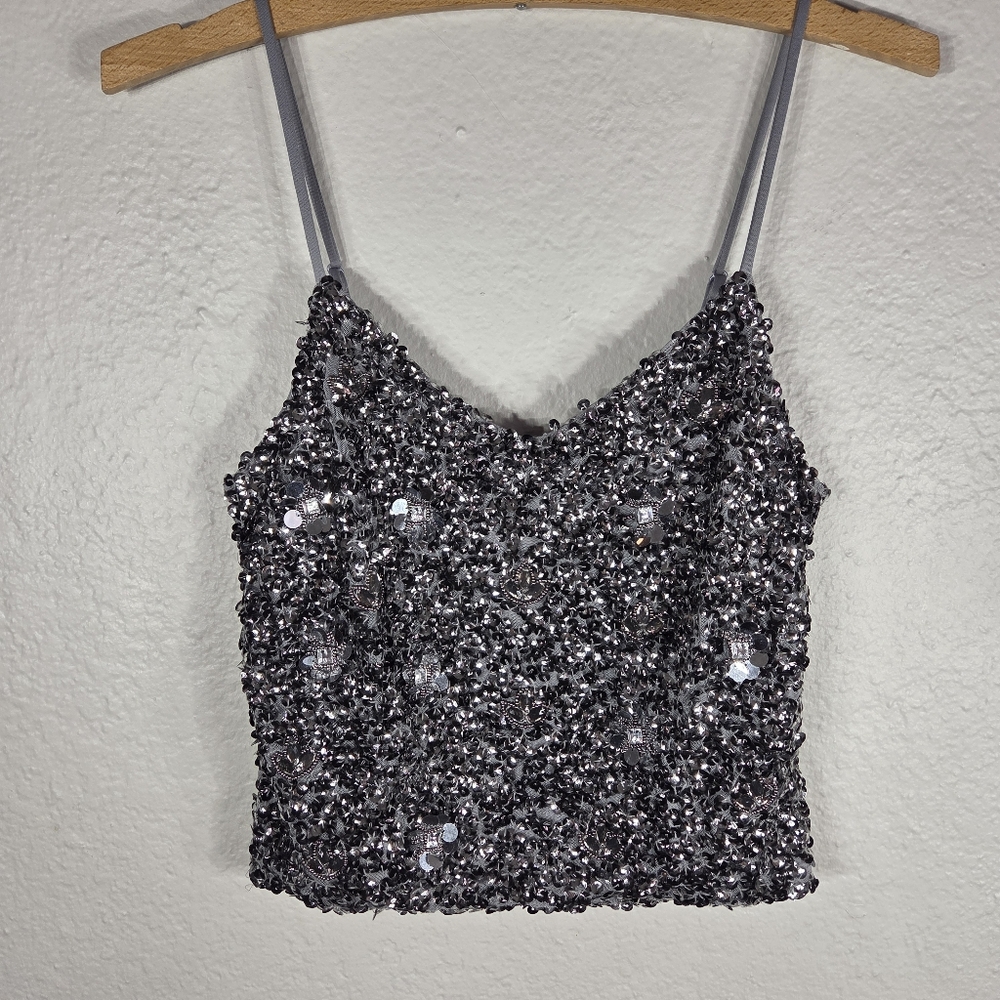 Express Gray Sequin Crop Top Size S/P V-Neck Sparkle Spaggetti Strap Sleeveless